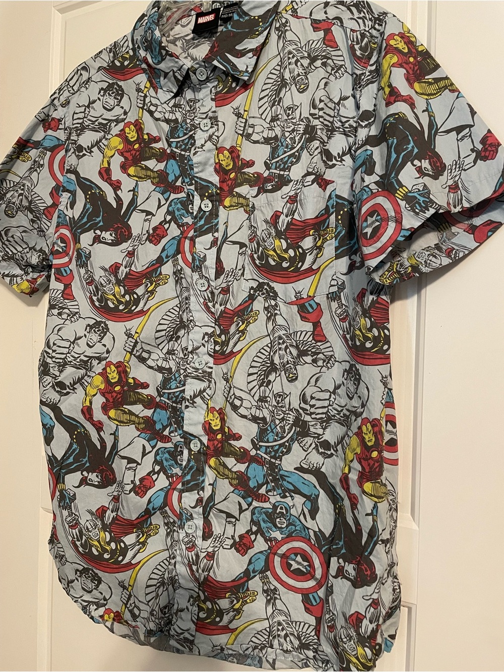 Marvel Light Blue Short-Sleeve Button-Down Shirt with Superhero Comic Print - Picture 5 of 9